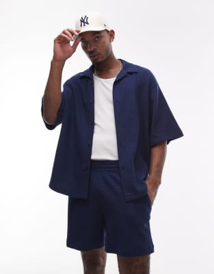 Topman Oversized Fit Waffle Button Through Jersey Shirt In Navy