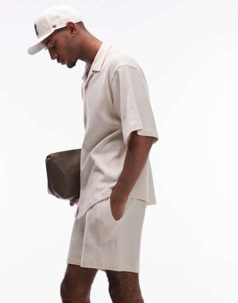 Topman oversized fit waffle shorts in stone - view 1