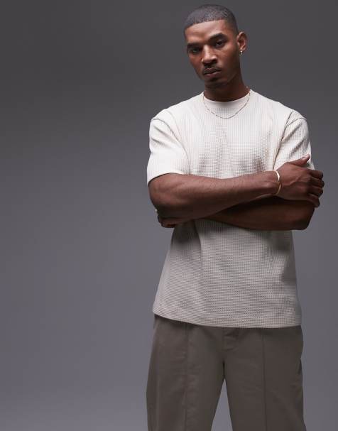Topman oversized fit waffle t-shirt in ecru - view 1