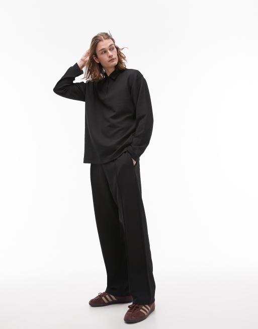 Topman oversized fit waffle zip polo in black, 3 of 4