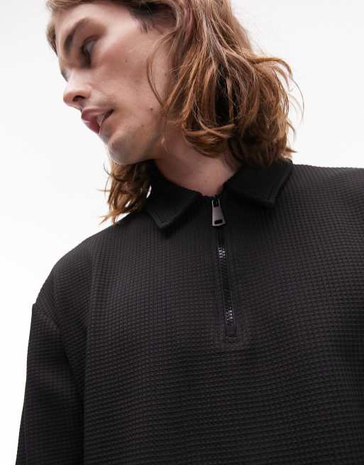 Topman oversized fit waffle zip polo in black, 4 of 4