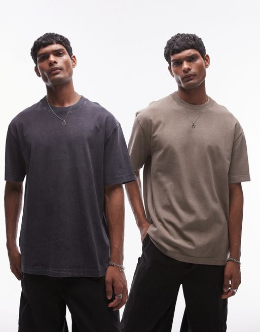 Topman oversized fit washed t-shirt 2 pack in black and khaki
