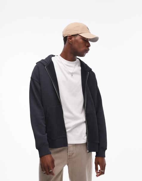 Topman oversized fit washed zip through hoodie in black