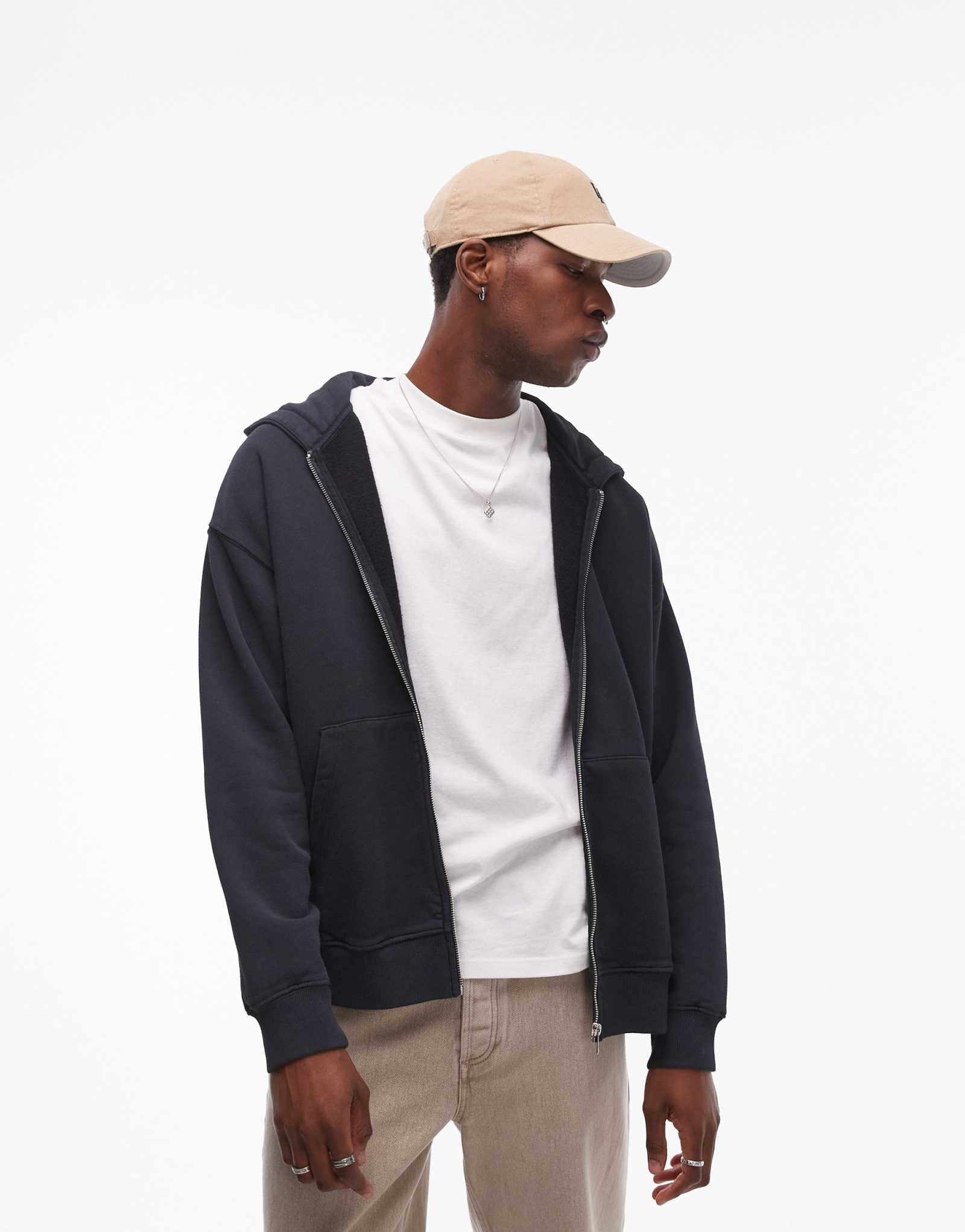Толстовка с капюшоном на молнии Topman oversize fit черного цвета