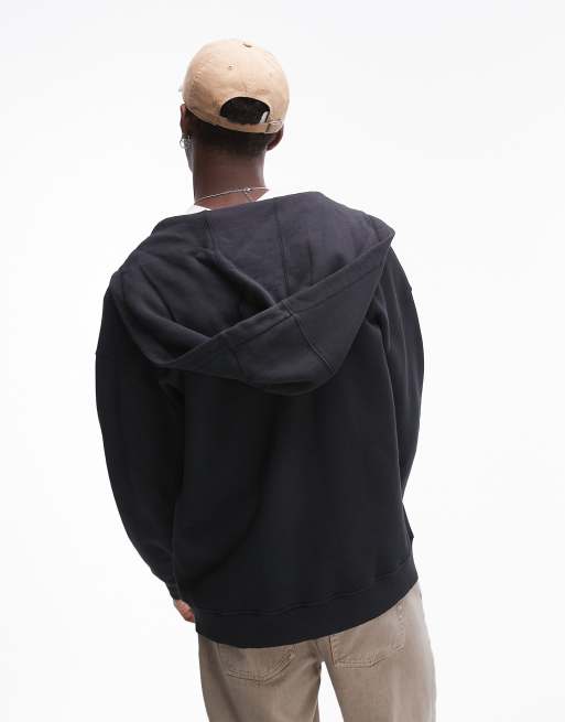Topman oversized fit washed zip through hoodie in black