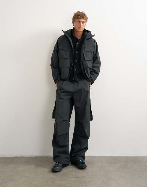 Topman oversized fit waterproof utility jacket in black, 2 of 5