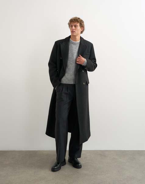 Topman oversized fit wool mix boucle double breasted overcoat in black - view 1