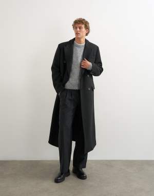 Topman oversized fit wool mix boucle double breasted overcoat in black