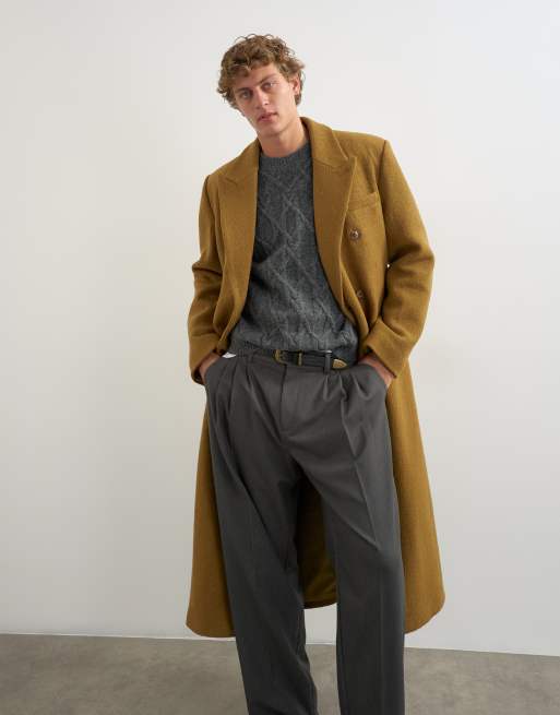 Topman oversized fit wool mix boucle double breasted overcoat in olive, 4 of 5