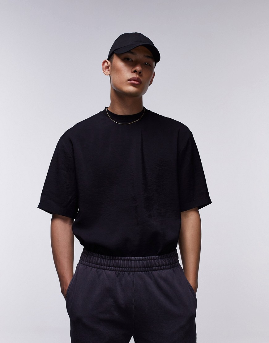 Topman oversized fit woven t-shirt with mid sleeve in black