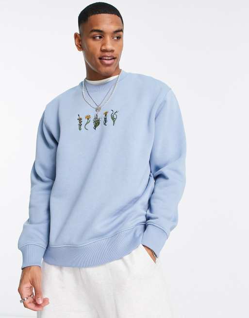 Topman oversized floral embroidered sweatshirt in blue ASOS