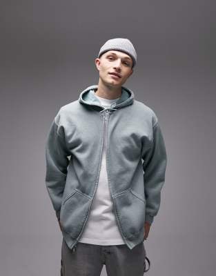 Topman oversized full zip hoodie in washed sage-Green