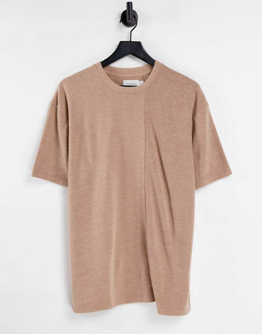 Topman - Oversized gebreid T-shirt in camel-Bruin