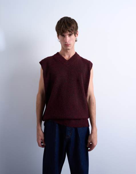 Topman - Oversized gebreide tanktop met V-hals in bordeauxrood - view 1