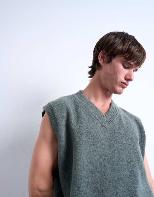 Topman - Oversized gebreide tanktop met V-hals in saliegroen, 3 van 5