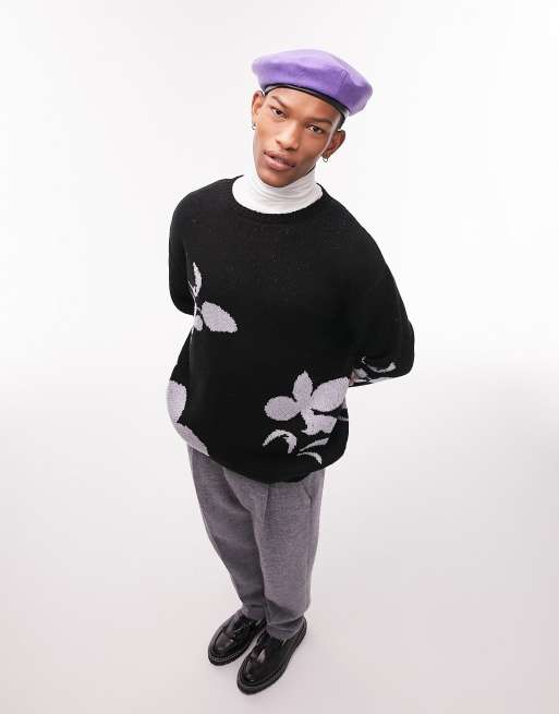 Topman - Oversized gebreide trui bedekt met bloemenprint in zwart