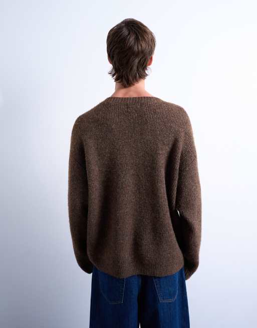 Topman - Oversized gebreide trui met V-hals in bruin, 3 van 5