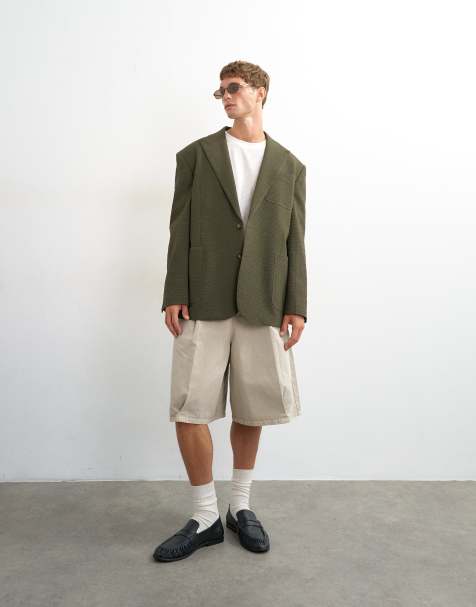 Topman - Oversized gedeconstrueerde seersucker blazer in kaki - view 1