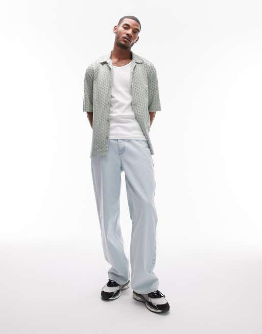 Topman - Oversized gehaakte polo van jersey met knoopsluiting in saliegroen