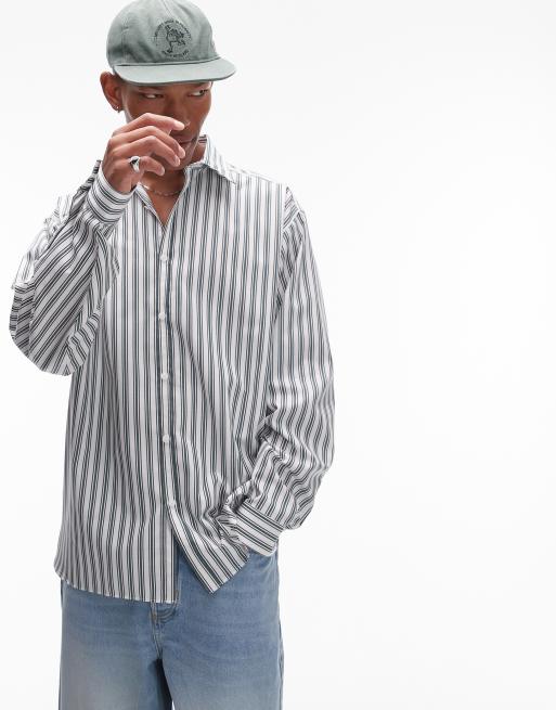 Topman - Oversized gestreept net overhemd met lange mouwen in groen