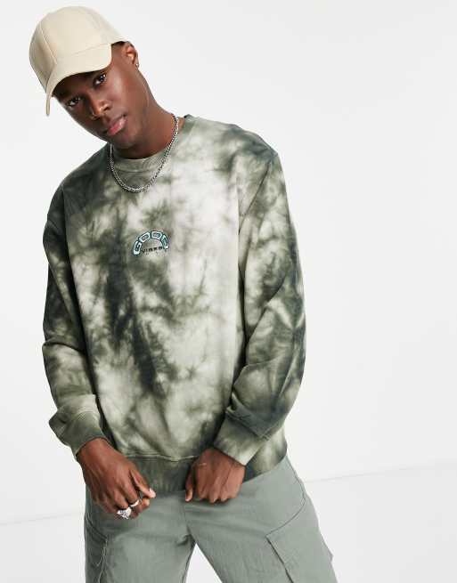 Topman oversized Good Vibes tie dye sweatshirt in khaki