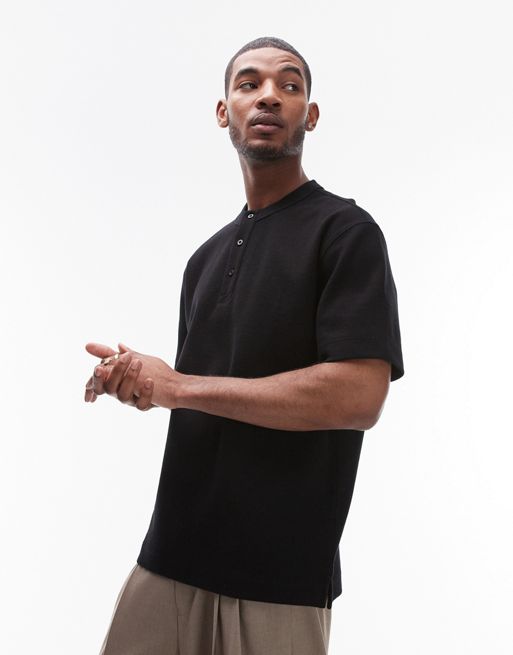 Topman - Oversized Henley-T-shirt med tekstur i sort, kraftigt stof