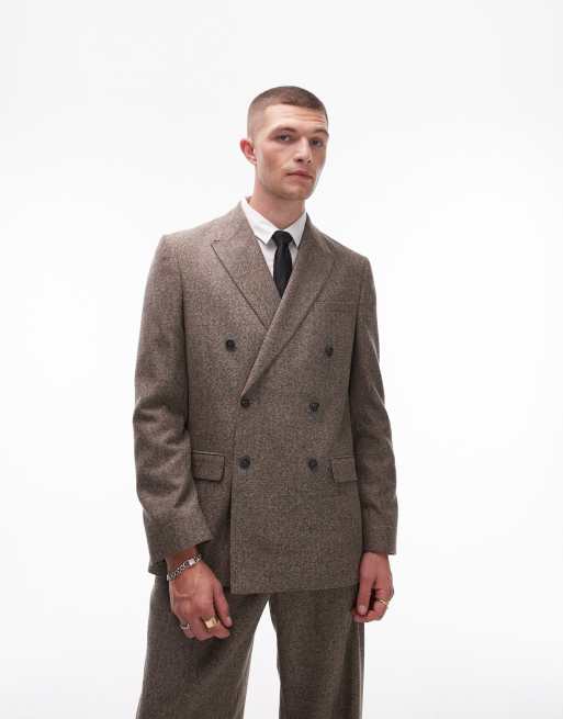 Topman oversized herringbone double breasted jacket in brown | ASOS