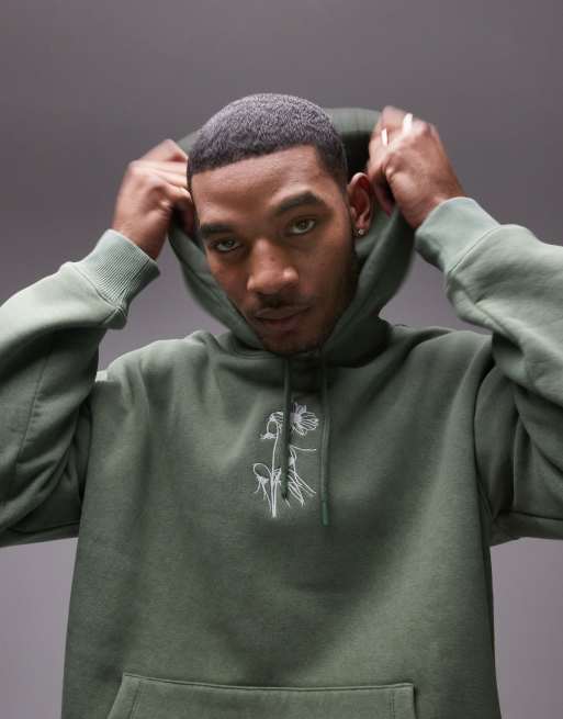 Topman - Oversized hoodie met bloemenborduursel in groen met wassing, 2 van 4