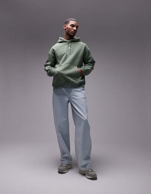 Topman - Oversized hoodie met bloemenborduursel in groen met wassing, 3 van 4