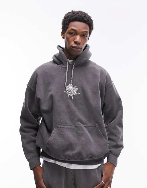 Topman - Oversized hoodie met cupidoborduursel in zwart met wassing