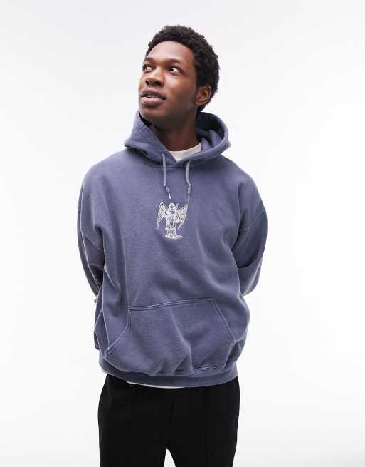 Topman - Oversized hoodie met engelborduursel in blauw met wassing