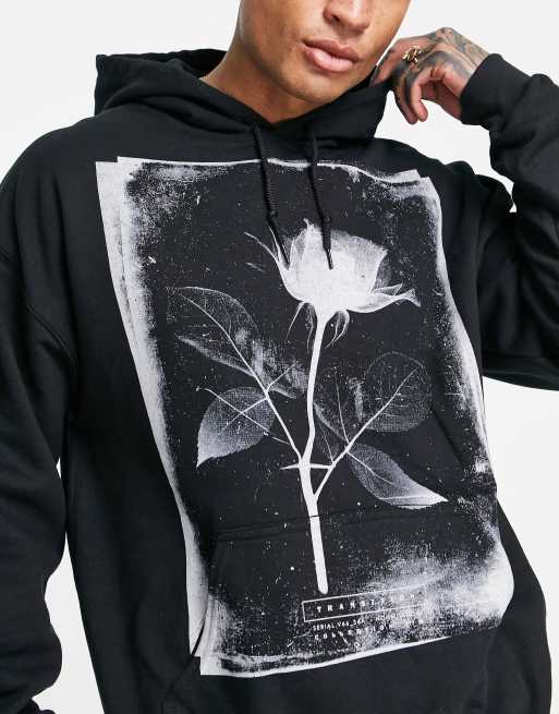 Topman - Oversized hoodie met fotografische rozenprint in zwart , 2 van 4