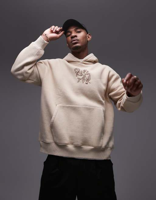 Topman - Oversized hoodie met geborduurde rozen op de voor- en achterkant in stone