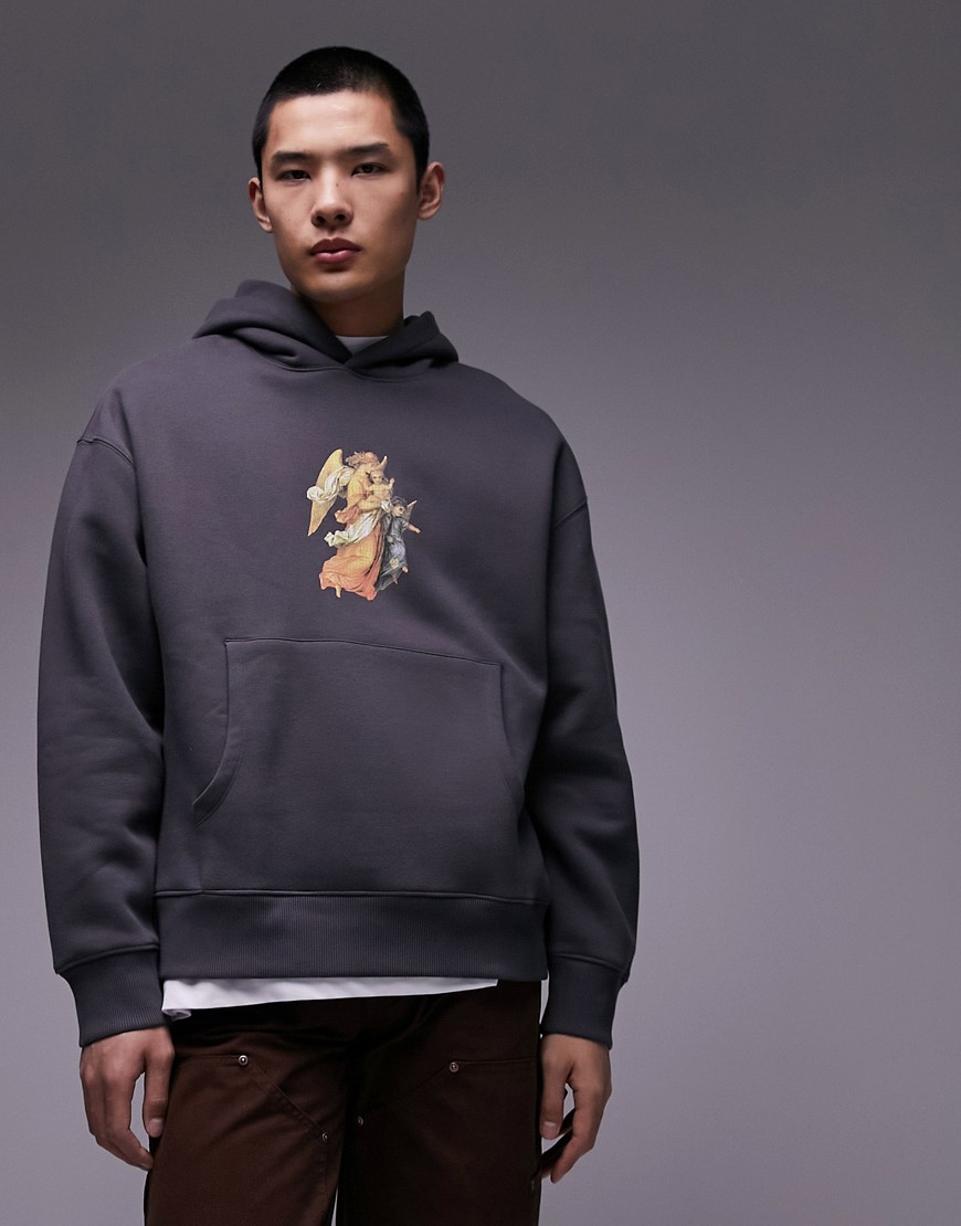 Topman Oversized Hoodie With Angel Chest Print In Charcoal-gray