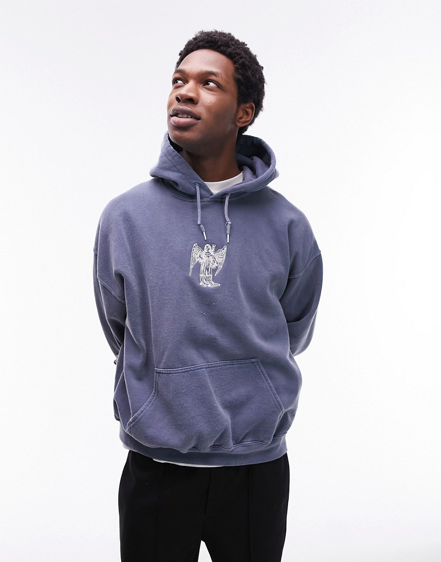 Topman Oversized Hoodie With Angel Embroidery In Washed Blue