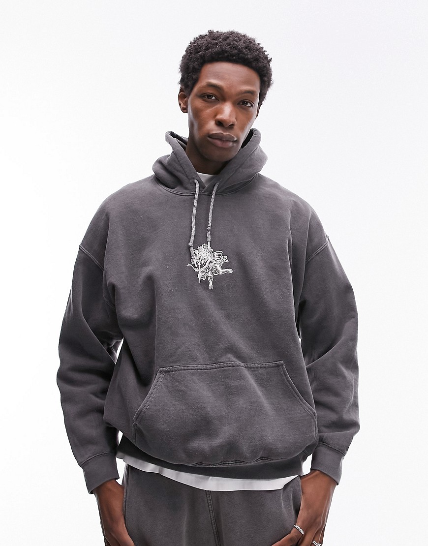 Topman oversized hoodie with cupid embroidery in washed black