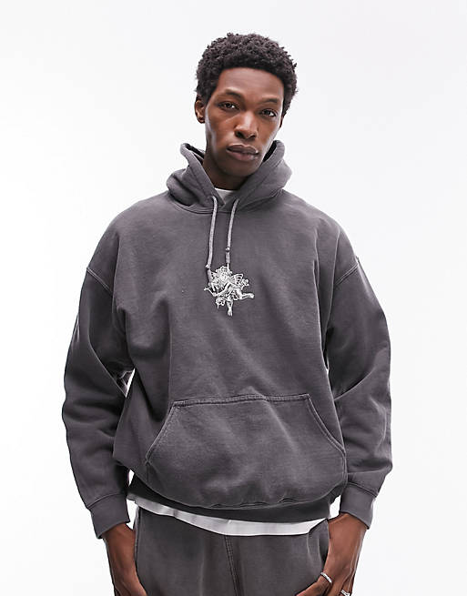 Topman oversized hoodie with cupid embroidery in washed black | ASOS