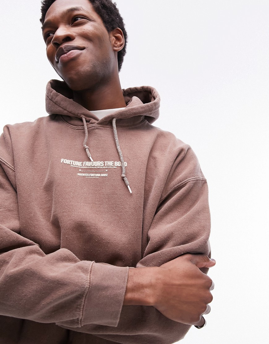 oversized hoodie with fortune text print in washed brown