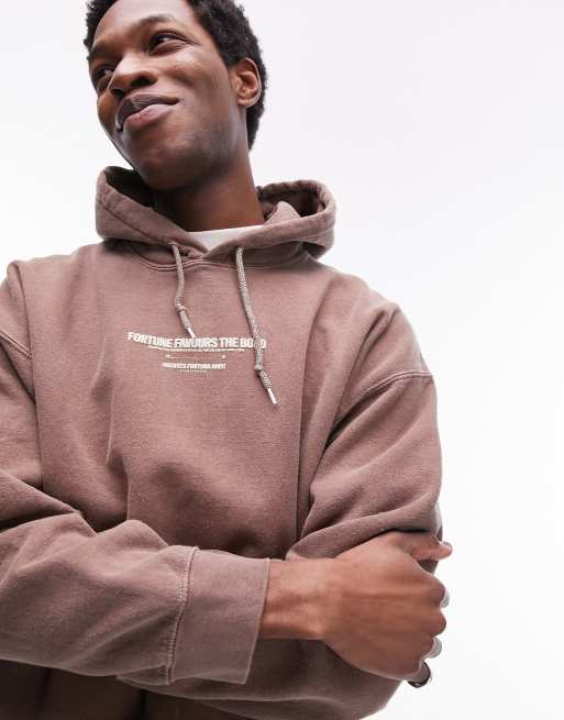 Topman oversized Womens hoodie with fortune text print in washed brown