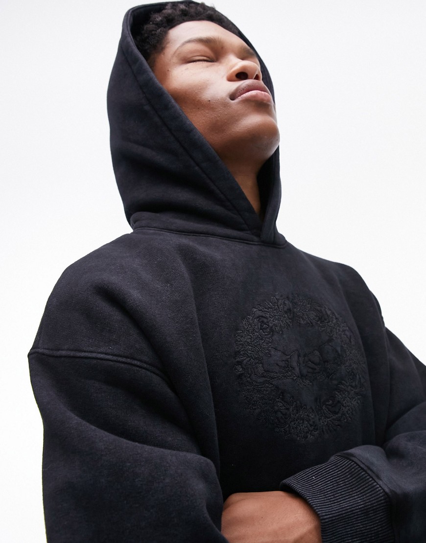 Topman oversized hoodie with hand shake embroidery in charcoal-Black