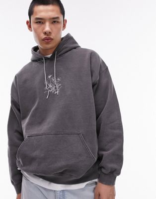 Topman Oversized Hoodie With Pansy Chest Embroidery In Washed Black