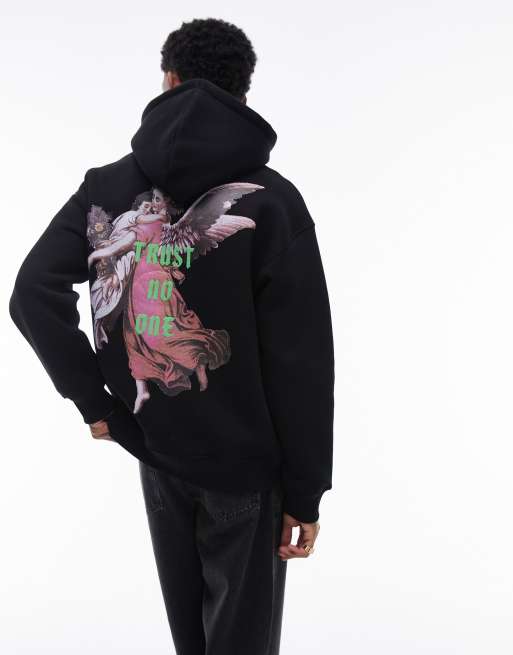 Topman - Oversized hættetrøje med engleprint foran og bagpå i sort