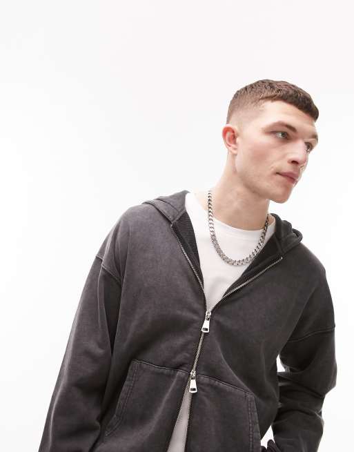 Topman - Oversized hættetrøje med lynlås i forvasket sort