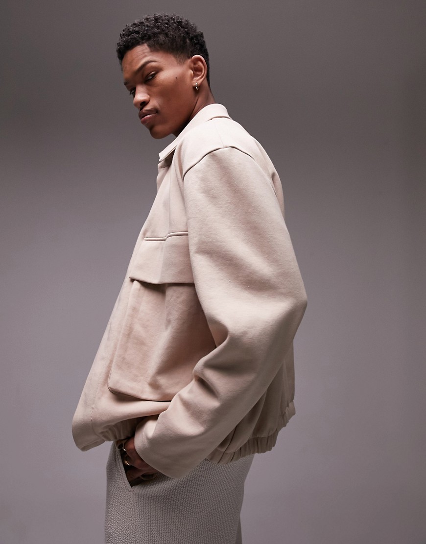 Shop Topman Oversized Jersey Jacket With Pockets In Stone-neutral