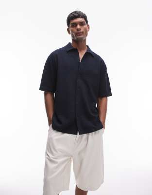 Topman - Oversized jersey overhemd met mini-wafelstructuur en knoopsluiting in marineblauw - view 1