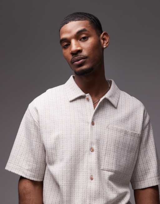 Topman - Oversized jersey overhemd met textuur en knoopsluiting in ecru
