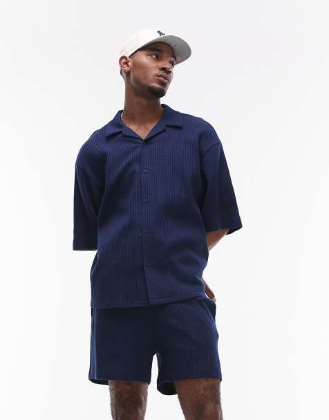 Topman - Oversized jersey overhemd met wafelstructuur en knoopsluiting in marineblauw - view 1