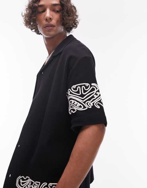 Topman - Oversized jersey polo met knoopsluiting en borduursel in zwart