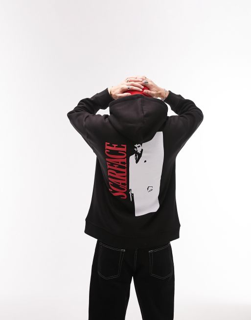 Topman – Oversized-Kapuzenpullover in Schwarz mit erhabenem „Scarface“-Print auf der Vorder- und Rückseite