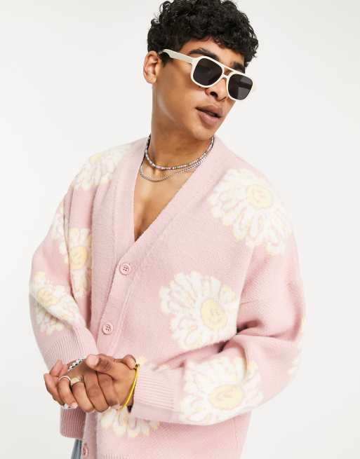 Topman oversized knit cardigan with sunflower print in light pink ASOS